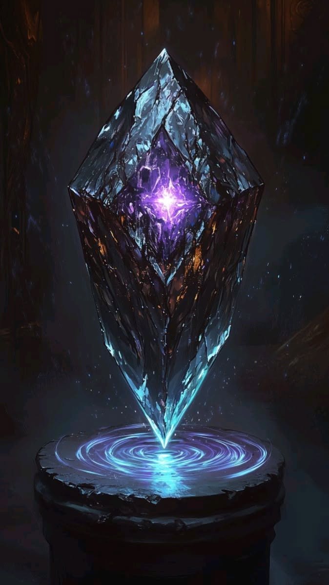 The Stone of Reality — a dark faceted crystal with a glowing purple core